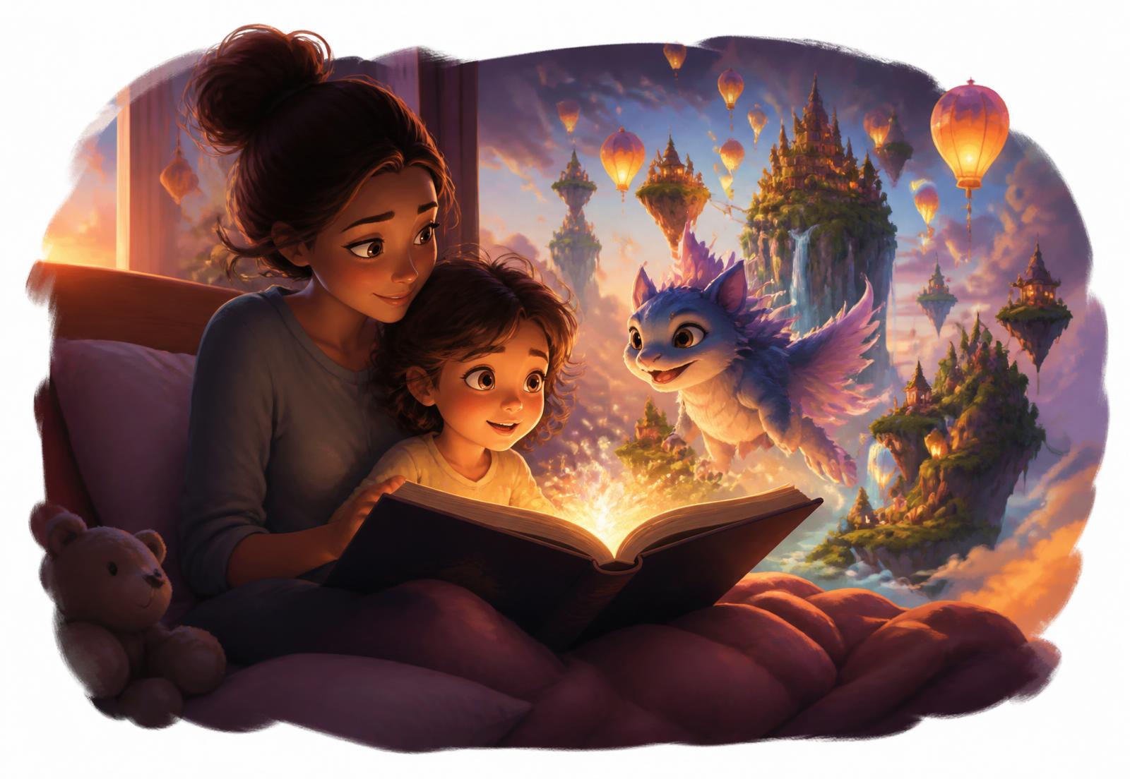 A parent and child reading together as an imaginative world rises from the open book